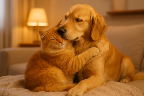 kedi ve köpek sarılma